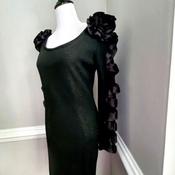 Carol Mignon Boutique 90s Black Sparkle Ruffle Ribbon Bodycon Cocktail Dress - Picture 4 of 11